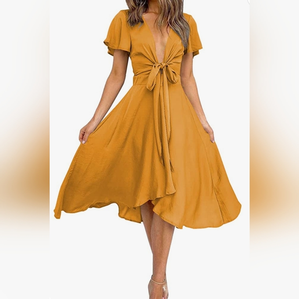 Womens Satin V Neck Ruffle Short Sleeve Tie Front High Waist Midi A-Line Maxi